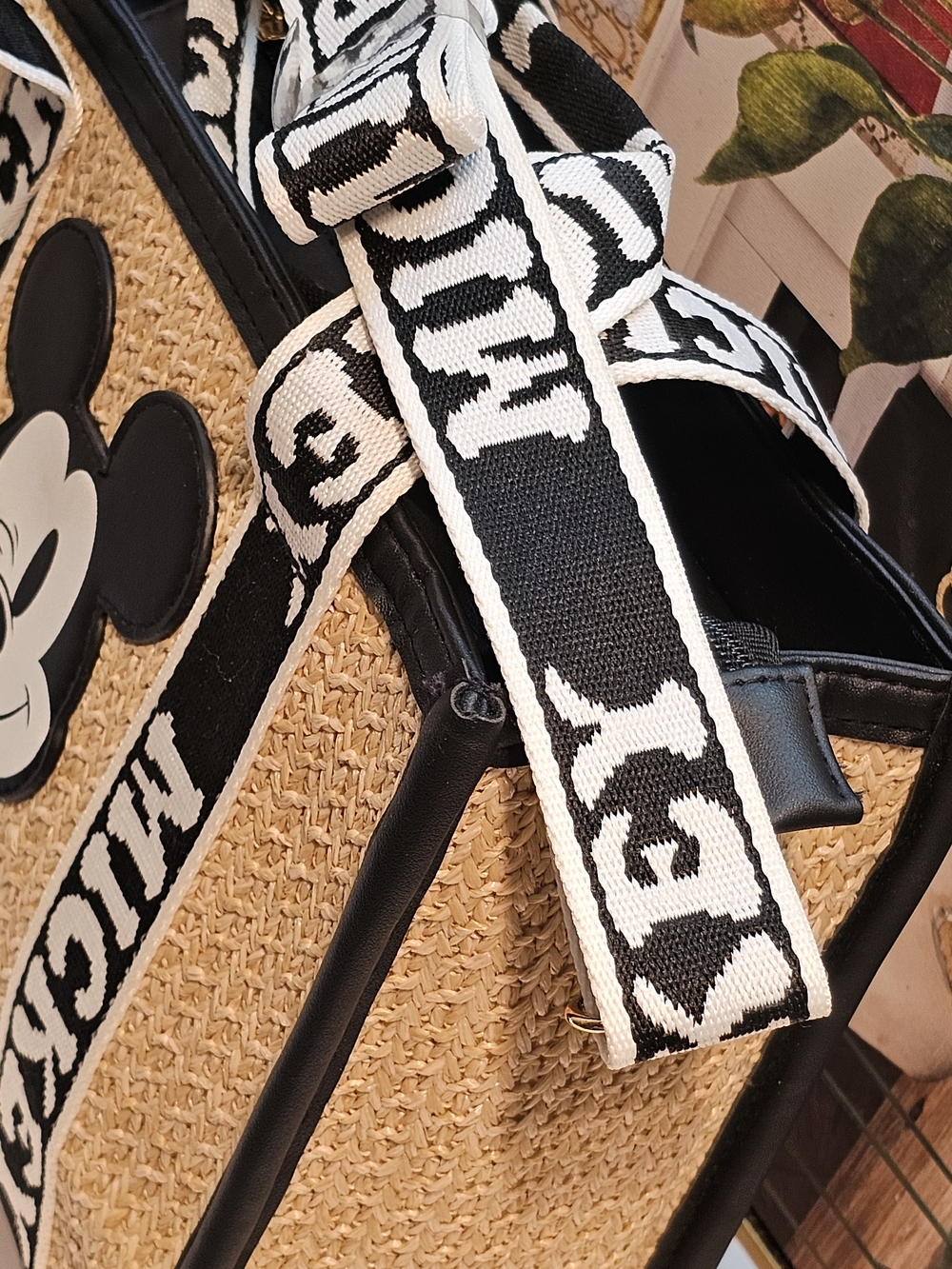 Disney Mickey Mouse Rafia Black & Natural Crossbody Bag - Picture 15 of 16